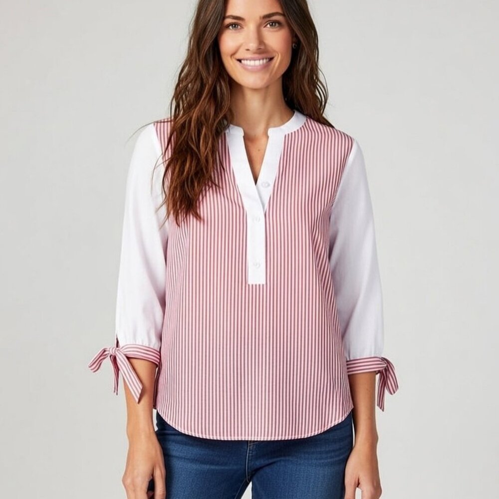 Tommy Hilfiger Red White Striped Poplin Tie Sleeve Blouse Top L